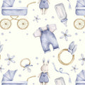 Watercolor baby-themed seamless pattern featuring a blue stroller, baby bottle, baby overalls, bunny doll, pacifier, flower motifs, and soft pastel dots on a cream background.