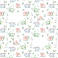 A repeating watercolor-style pattern of pastel dinosaurs, palm trees, rocks, and small plants on a white background.