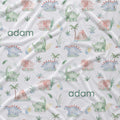 Personalized baby fabric featuring a colorful dinosaur pattern on a white background with the name 'adam' printed in green text.