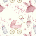 Watercolor baby-themed pattern featuring a pink stroller, bunny doll, pacifier, baby bottle, ribbons, flowers, and small gold accents on a cream background.
