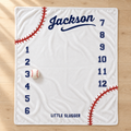 A personalized white baseball-themed baby blanket laid flat on a light wood floor. The blanket features the name 'Jackson' in navy script at the top, the words 'LITTLE SLUGGER' at the bottom, and numbers 1 through 12 arranged around the perimeter.