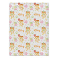 Personalized cat baby girl blanket featuring sweet kittens, colorful balloons, party details, and a custom name on a white background.