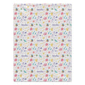 Personalized bee and butterfly baby girl blanket with colorful flowers, garden motifs, and a custom name on a white background.