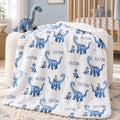 Personalized dinosaur baby boy blanket featuring blue dinosaurs and a custom name on a white background.