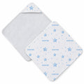 Two white baby hooded towels with light blue star and dot patterns, one showing the soft white plush lining and the other displaying the printed front with the name 'SEBASTIAN' repeated in blue.