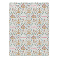 Personalized Boho Floral Baby Girl Blanket. Rose-colored flowers, leafy sprigs, feathers, and illustrated teepees surround a custom name in a whimsical boho design.