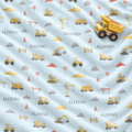 A repeating watercolor-style pattern of construction vehicles and site elements on a pale blue background, including cranes, dump trucks, excavators, a tractor, a mixer truck, barriers, cones, piles of stones and bricks, and stop signs.