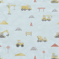 A repeating watercolor-style pattern of construction vehicles and site elements on a pale blue background, including cranes, dump trucks, excavators, a tractor, a mixer truck, barriers, cones, piles of stones and bricks, and stop signs.