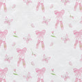 A repeating watercolor pattern on a textured off-white background featuring pink ballet slippers tied with bows, pink butterflies, and small pink flowers with green stems.