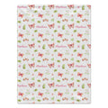 Personalized Butterfly and Flower Baby Girl Blanket. Pink, peach, and green butterflies flutter among flowers, leafy sprigs, and tiny hearts around a custom name.