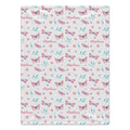 Personalized Pink and Aqua Butterfly Baby Girl Blanket. Pink butterflies, aqua leaves, and delicate flowers surround a custom name on a bright white background.