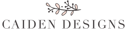 The logo for Caiden Designs, featuring a delicate branch with pale blush pink leaves and dark gray text underneath on a solid white background.