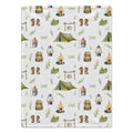 Personalized Camping Baby Blanket. Tents, campfires, lanterns, and outdoor adventure details surround a custom name in earthy woodland colors.