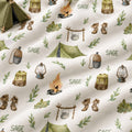 Personalized Camping Baby Blanket. Tents, campfires, lanterns, and outdoor adventure details surround a custom name in earthy woodland colors.