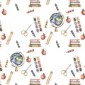 A repeating watercolor-style pattern on a white background featuring school and desk items: books, crayons, scissors, paint palettes, rulers, pencils, apples, and a globe.