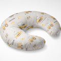 A U-shaped baby nursing pillow with a light gray background and a construction-themed print featuring yellow excavators, blue cranes, and the word 'MASON' in black text.