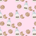 A repeating watercolor-style pattern on a light pink background featuring illustrated milk bottles and chocolate chip cookies, including whole cookies and bitten halves. The bottles are clear with white milk and brown caps, and the cookies are tan with brown chips.