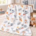 Personalized Space Fox Baby Blanket. An adventurous astronaut fox, rockets, and planets bring a playful little universe to a custom name.