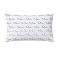 A rectangular white pillow case featuring a repeating pattern of the word 'tatum' in a dusty blue cursive script, shown against a plain white background.
