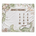 A personalized baby milestone blanket featuring a white background with a border of illustrated dinosaurs, balloons, palm leaves, bunting, and birthday candles. The center is printed with the name 'JAMES MICHAEL' at the top, a 12-months timeline in the middle, and the word 'MONTHS' below it.