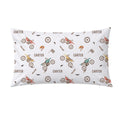 A rectangular white pillow sham featuring a repeating pattern of vintage-style dirt bikes, wheels, birds, and the name 'CARTER' in brown text.