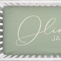 Dusty Sage Elegant Script Personalized Name Crib Sheet