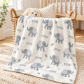 Personalized Grey Elephant Baby Blanket. Sweet grey elephants surround a custom name in a simple, gentle design on a white background.