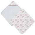 Two square baby towel with rounded corners in a white background with a pink and green floral print, displayed on a clean white background.