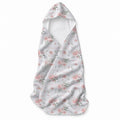 A baby towel with a hood, featuring a delicate pink and green floral pattern on a white background with faint 'Vienna' text.