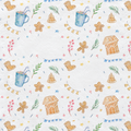 A repeating Christmas-themed pattern on a white textured background, featuring gingerbread houses, gingerbread men, stars, bells, hot cocoa mugs, pine branches, berries, and bunting in soft pastel colors.