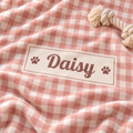 A close-up of a soft pink and white gingham blanket with a cream rectangular patch that reads "Daisy" in script, flanked by two paw prints. A cream rope toy is partially visible at the top right.