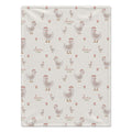 A square fabric item, likely a baby blanket or towel, featuring a repeating pattern of cartoon chickens and the names 'clara' and 'mae' in a soft pink font on a light beige background.