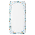 A twin sheet protector with a light blue background and a repeating pattern of hot air balloons, stars, and the text 'COLTON baby'.