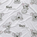 White personalized baby blanket featuring a repeating pattern of watercolor koala bears and the custom name 'Knox William' in dark gray text.