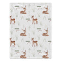 Personalized Deer Baby Blanket. Gentle baby deer and delicate woodland greenery surround a custom name in soft earthy tones.