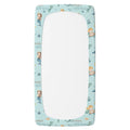 A personalized twin fitted sheet with a light blue mermaid-themed border. The border features cartoon illustrations of mermaids, sea creatures, and the names 'Anna' and 'Catherine' printed in a gold script font.