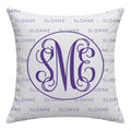 A square white throw pillow featuring a purple monogram design with the letters 'S', 'M', and 'E' inside a circle, surrounded by a repeating purple 'SLOANE' background pattern.