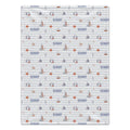 Personalized Nautical Stripe Baby Boy Blanket. Sailboats, lighthouses, starfish, and seahorses surround a custom name over soft blue stripes.