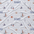 A close-up of a fabric surface with a nautical print featuring blue horizontal stripes, sailboats, seahorses, starfish, lighthouses, and the word 'SUNNY' repeated in blue.