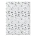 Personalized Penguin Baby Blanket. Sweet baby penguins, icy landscape accents, and little flying birds surround a custom name on a white background.