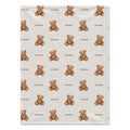 Teddy bear baby blanket personalized with Rowan, displayed over a natural wood crib in a neutral nursery.