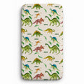 A rectangular mattress or mattress topper cover with rounded corners, featuring a repeating watercolor-style dinosaur pattern on a warm off-white background. The design includes green, blue, yellow, and brown dinosaurs, with the word 'Caiden' printed near some of the figures.