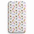 A personalized twin fitted sheet with a white background and an all-over repeating pattern of colorful ice cream cones, pink hearts, and the name 'Abigail' in purple script.