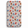 A fitted sheet with a custom football-themed cartoon pattern. The design features a beige background with repeating illustrations of football players, helmets, footballs, referees, and stars in red, blue, and brown, with the name 'HENRY Thomas' printed in red and blue text.
