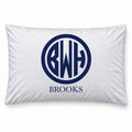 A white rectangular pillowcase featuring a navy blue circular monogram with the initials 'BWH' and the word 'BROOKS' printed below in navy blue, shown against a plain white background.