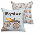 Front and back views of the Monster Trucks throw pillow, with Ryder above a yellow and charcoal truck in front and a repeating watercolor truck pattern behind.