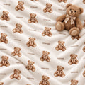 A close-up of a soft cream-colored fabric with an allover print of brown teddy bears and the name 'rowan' repeated in small text, with a plush teddy bear placed on the upper right.