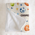 Personalized sports blanket featuring basketball, baseball, soccer, golf, volleyball, football, tennis and with name Cooper on it