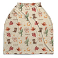 Wild West car seat cover personalized with Scout, featuring watercolor cowboy boots, hats, cacti and red bandanas on cream.