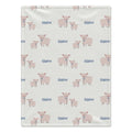 Personalized Pig Baby Blanket. Sweet pink pigs with blue bows surround a custom name on a soft cream background.